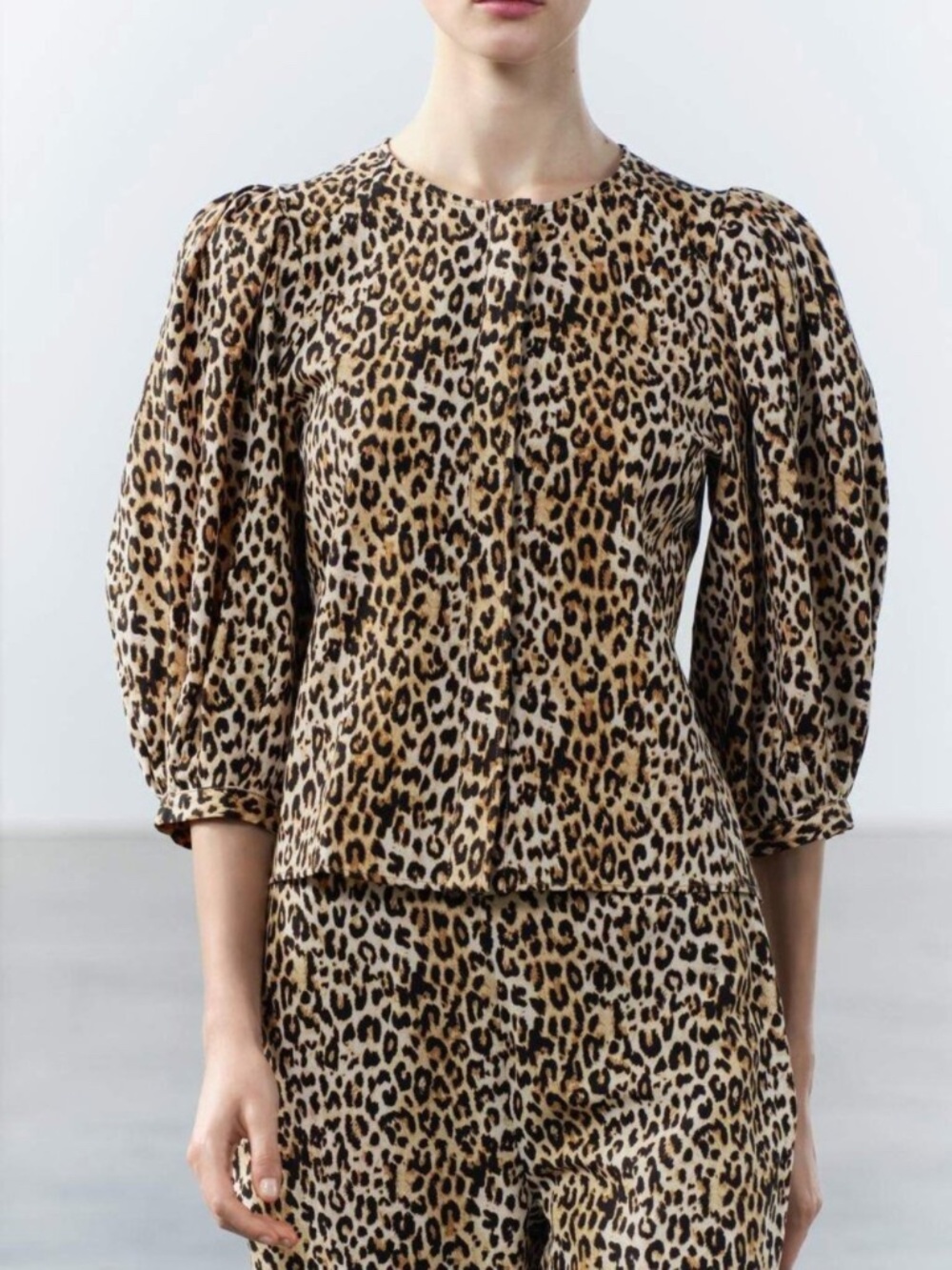 Zara Leopard Print Puff Sleeve button Down Blouse